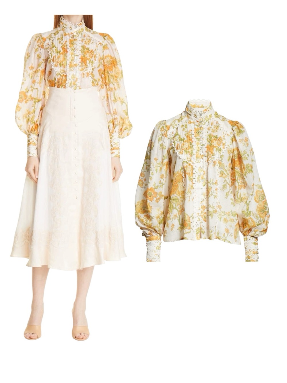 $228 Alemais Songbird Print Balloon Sleeve Button Down Mock Neck Blouse